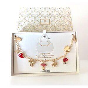 Cross 19" Long Bag Charm House of Harlow 1960 Gold Mushroom & Hearts Glass Stone